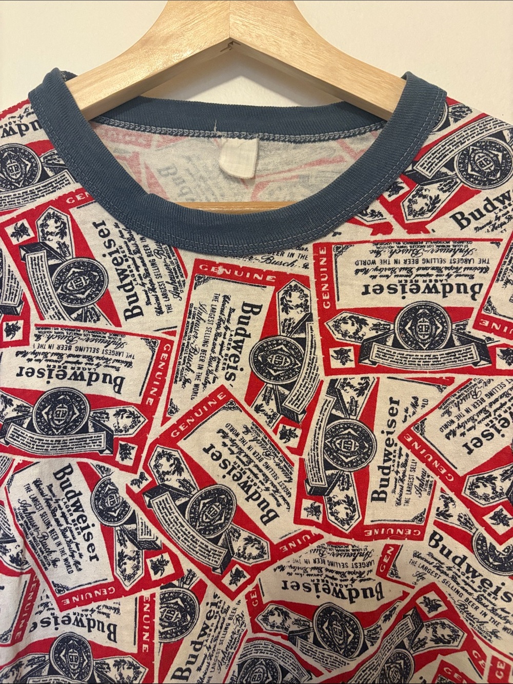 Vintage Budweiser Cream Ringer ✨Rare✨ 70s Tee with Red & Black Label Print